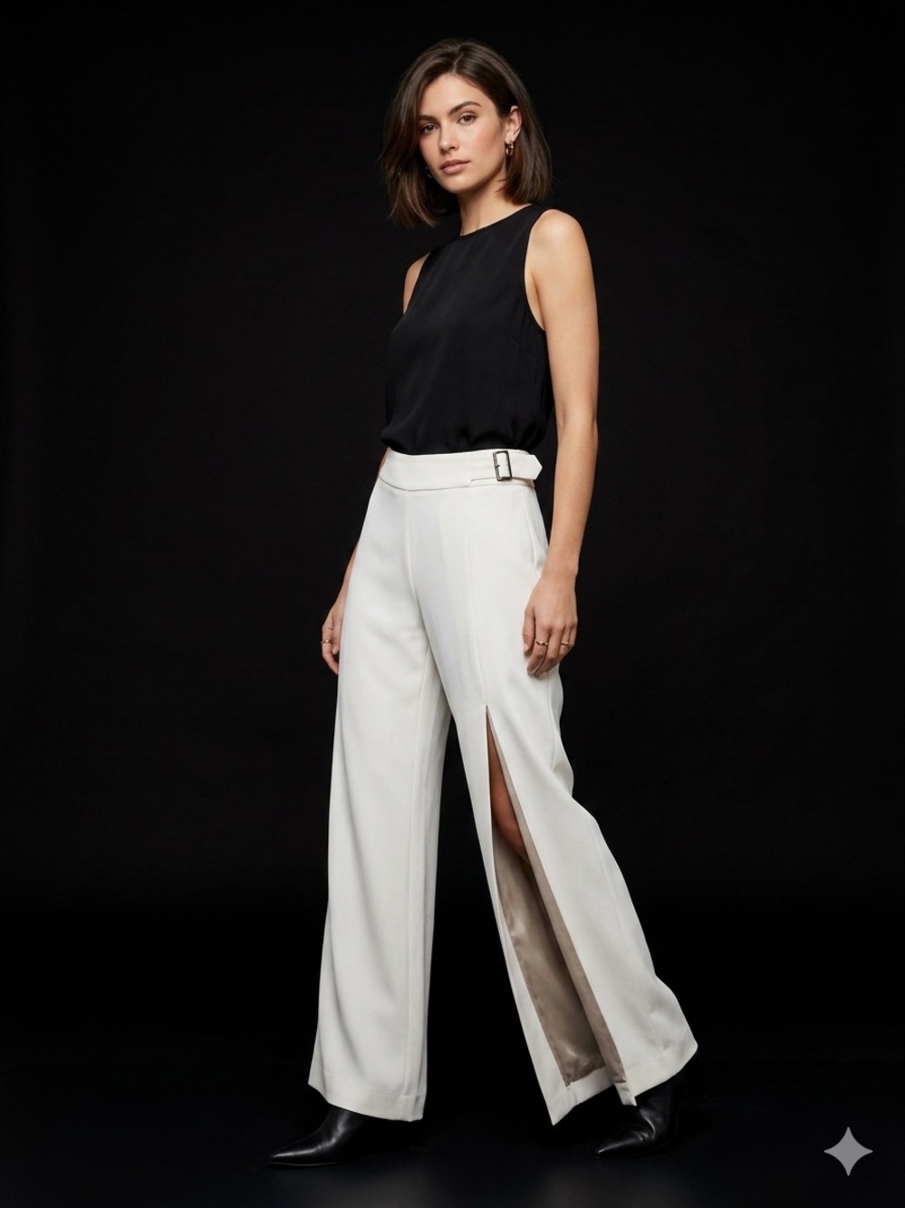 Cache Cream Ivory Winter White Wide Leg Front and Back Slit Pants Trousers 8